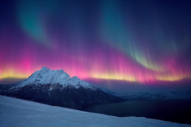 Aurora boreal sobre montanhas nevadas Fundo abstrato de RPG de jogo