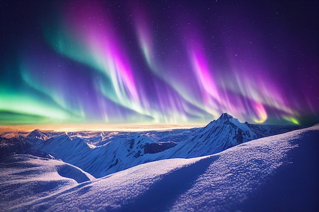 Aurora boreal sobre montanhas nevadas Fundo abstrato de RPG de jogo