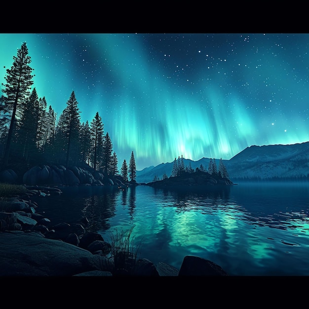 Aurora Boreal sobre o lago com árvores e montanhas