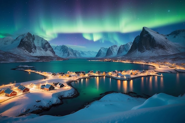 Aurora boreal sobre o mar montanhas nevadas e luzes da cidade à noite