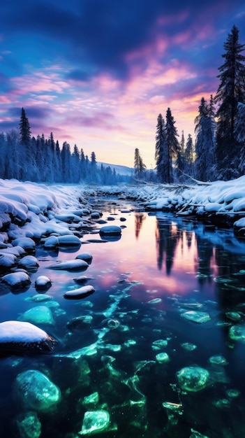 Aurora boreal sobre un paisaje cubierto de nieve