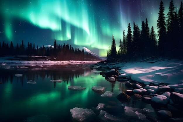 aurora boreal sobre un río con montañas