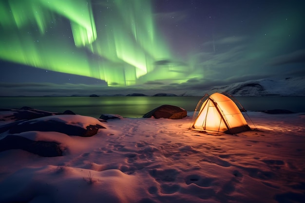 Aurora boreal sobre tienda de campaña y paisaje de montaña