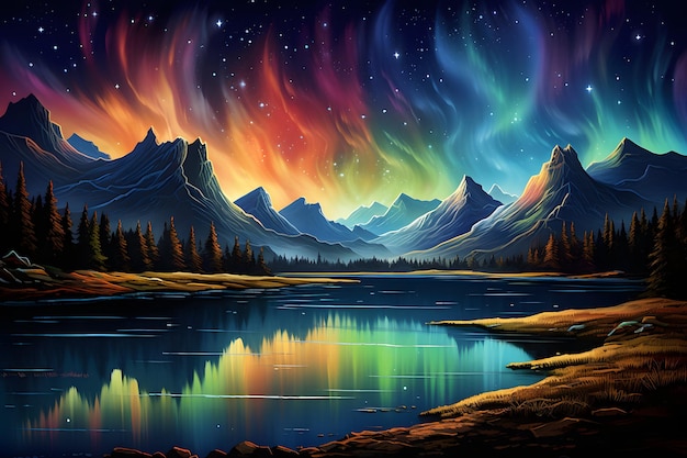 aurora boreal sobre um rio com montanhas