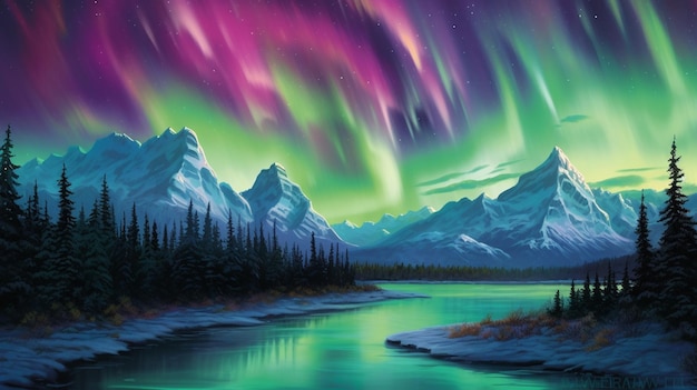 Aurora boreal sobre um rio