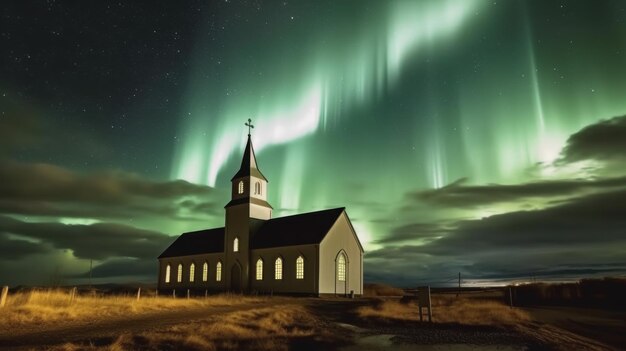 Aurora boreal sobre uma igreja na Islândia Generative AI