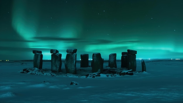 La aurora boreal se ve sobre un Stonehenge.