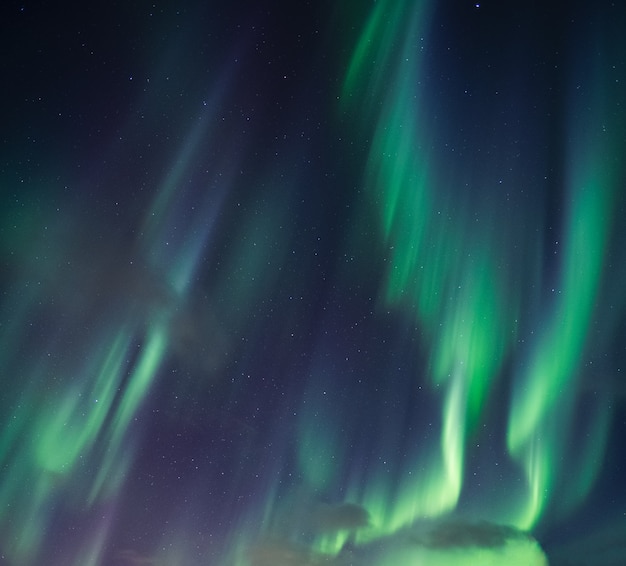 Aurora boreal verde, luzes do norte com estrelas brilhando no céu noturno do Círculo Ártico