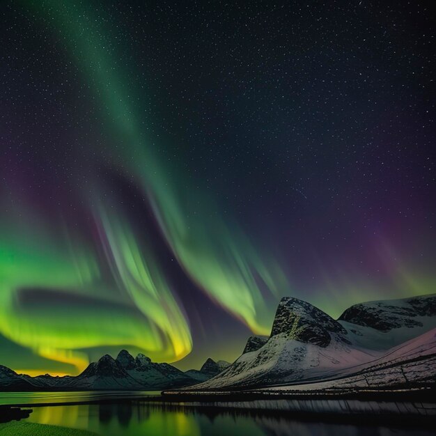 Aurora boreal verde y púrpura sobre montañas nevadas Luces del Norte en las islas Lofoten Noruega Cielo estrellado con luces polares