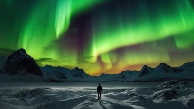 Aurora borealis aurora boreal sobre montañas nevadas en invierno IA generativa