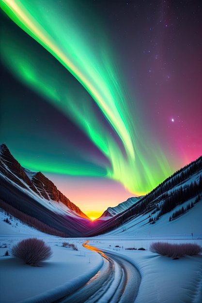 Aurora Borealis in einer bergigen verschneiten Landschaft