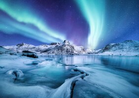 Aurora borealis lofoten-inseln norwegen nothen lichtberge und gefrorener ozean winterlandschaft in der nacht norwegen reisebild