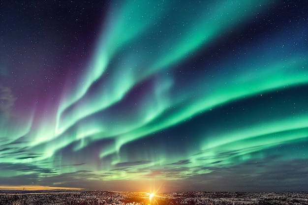 Aurora Borealis (Luces del Norte), luces polares Ilustración 2D realista sobre el fondo del cielo nocturno.
