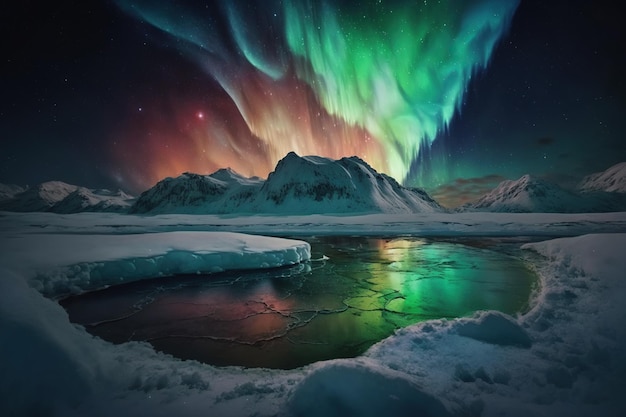 Aurora borealis, Nordlichter auf Inseln. Generative KI-Kunst. Schnee- und Eisberge nachts.