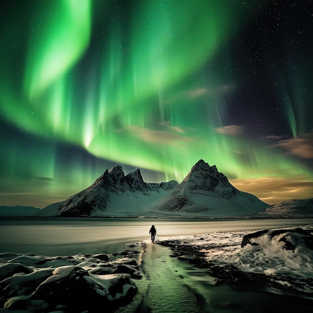 Aurora Borealis Nordlichter über Berg mit einer Person am Strand von Skagsanden Lofoten-Inseln