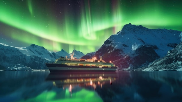 Aurora Borealis Nordlichter über Kreuzfahrtschiff im Schneeberg Generative KI