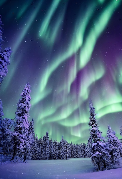 Aurora Borealis Nordlichter und schöner Stern am Nachthimmel Hintergrund Realistische 2D-Darstellung