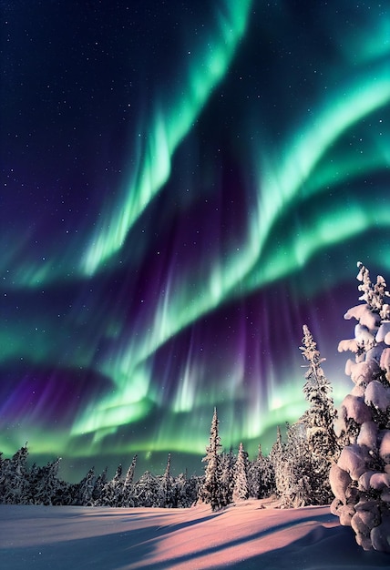 Aurora Borealis Nordlichter und schöner Stern am Nachthimmel Hintergrund Realistische 2D-Darstellung