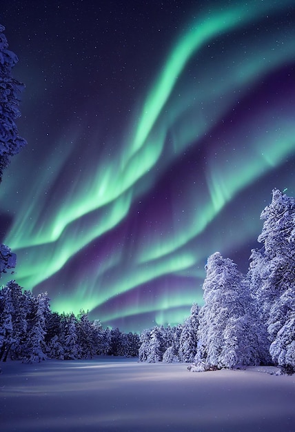 Aurora Borealis Northern Lights e bela estrela no fundo do céu noturno ilustração 2D realista