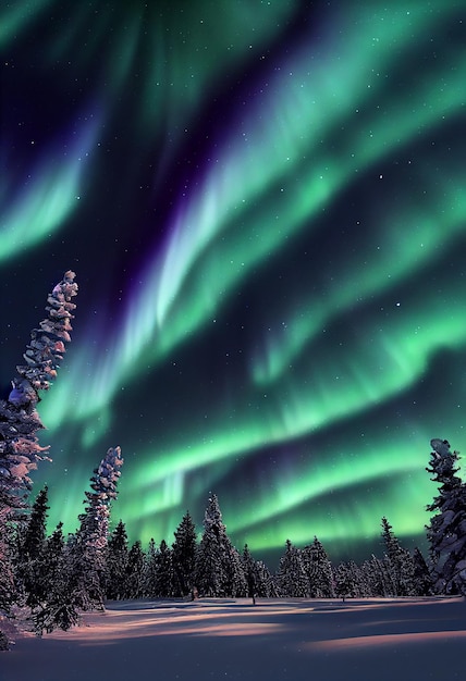 Aurora Borealis Northern Lights e bela estrela no fundo do céu noturno ilustração 2D realista