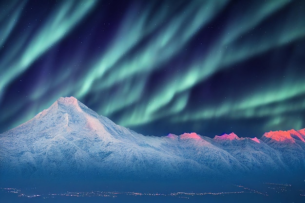 Aurora Borealis Northern Lights y hermosa estrella en el fondo del cielo nocturno Ilustración 2D realista