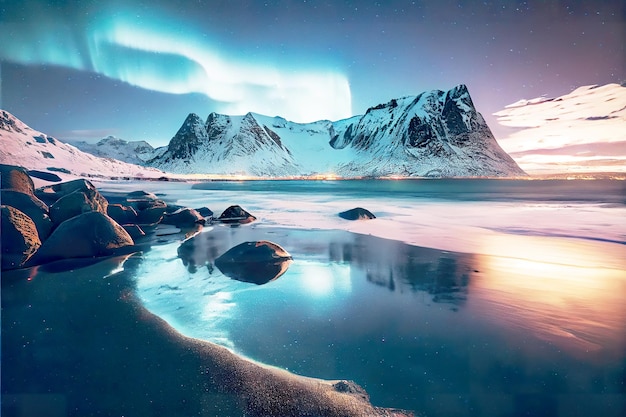 Aurora Borealis über dem Meer, schneebedeckte Berge und die Lichter der Stadt bei Nacht