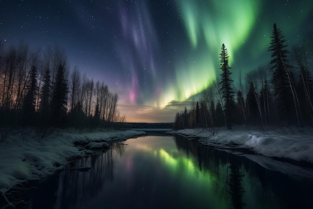 Aurora borealis über einem Fluss im Yukon