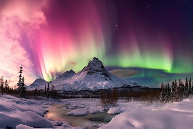 Aurora borealis über einem schneebedeckten Berg