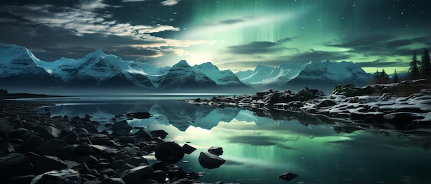 Aurora borealis über schneebedeckten Bergen und einem ruhigen See