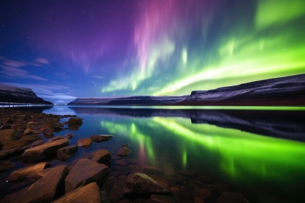 Aurora colorida refletida nas águas tranquilas de um lago ártico