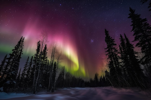 Aurora em tons de arco-íris iluminando o céu noturno criado com IA generativa