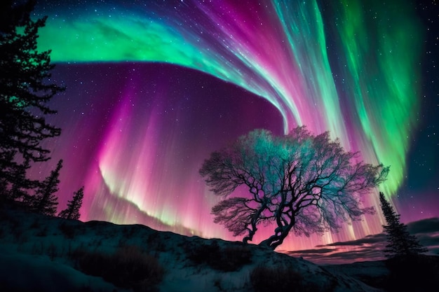 La aurora ilumina el cielo sobre el árbol IA generativa