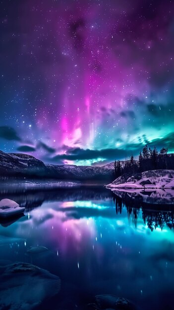 Foto la aurora púrpura y azul se extendió sobre un lago con nieve y árboles generativos ai