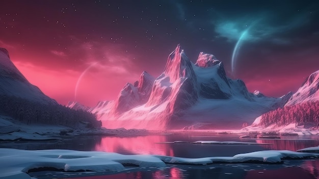 Aurora púrpura en la montaña de nieve blanca IA generativa