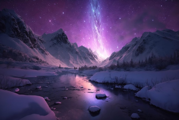 Aurora púrpura en la montaña de nieve blanca