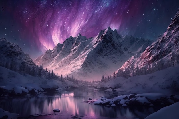 Aurora púrpura en la montaña de nieve blanca