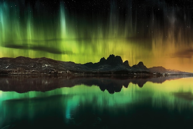 Aurora que se refleja en los lagos de metano líquido de Titán creados con IA generativa