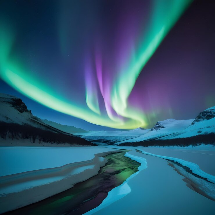 una aurora verde sobre una montaña nevada con un reflejo del cielo