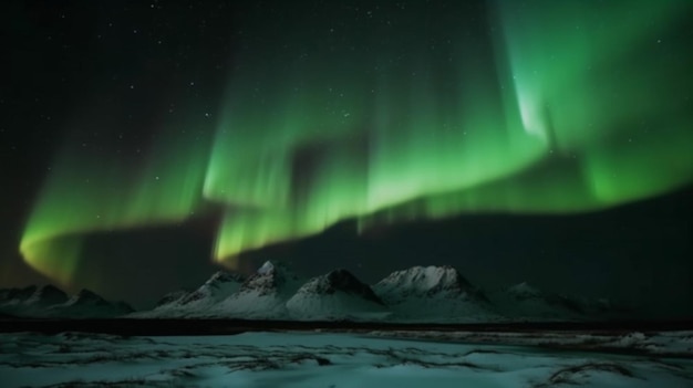 Una aurora verde sobre una montaña nevada