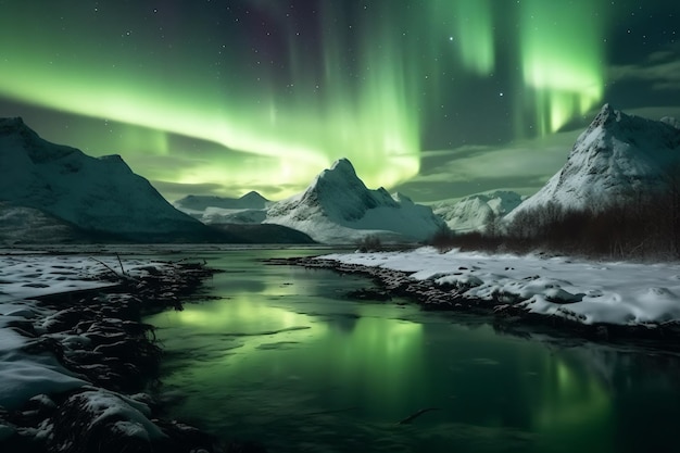 Una aurora verde sobre una montaña nevada