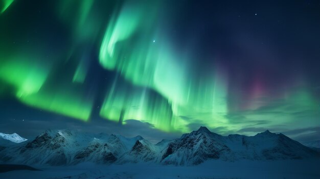 Una aurora verde y violeta aparecía sobre una cadena montañosa nevada.