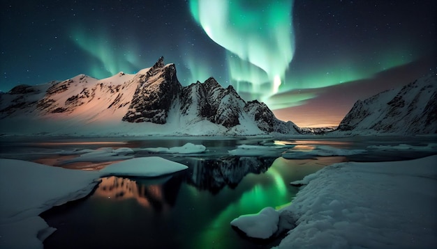 Auroras boreales y montañas nevadas IA generativa