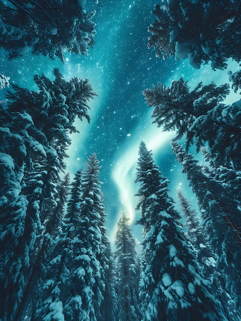 Las auroras boreales parpadean en el cielo nocturno de invierno sobre un bosque en Suecia IA generativa