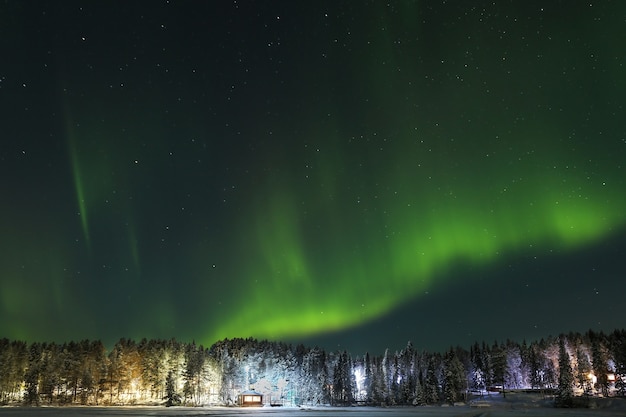 auroras boreales sobre el bosque y la casa.