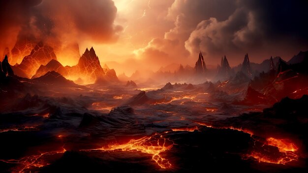 Aus dem Krater bricht Rauchlava aus. Apokalyptische Vulkanlandschaft mit heißer fließender Lava sowie Rauch- und Aschewolken