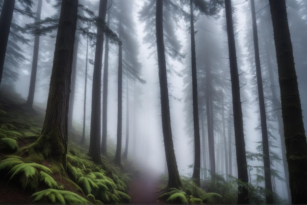 Aus dem Nebel umhüllte Bergwälder