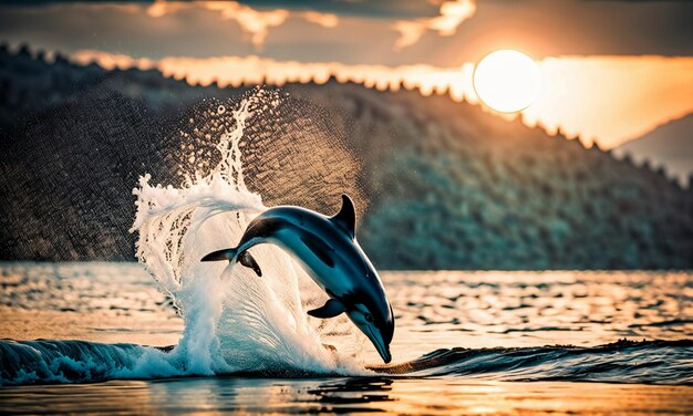 Foto aus dem wasser springende delfine zeigen die wunderschöne tierwelt