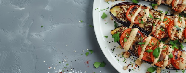 Aus der Luft gesehen gebackene Auberginen, gefüllt mit Quinoa, Tomaten und Pilzen, garniert mit Petersilie, mit cremiger Sauce besprüht und mit Sesamkörnern auf einem weißen Teller bestreut