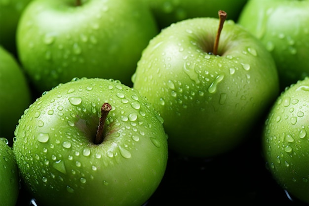 Aus der Nähe ein glitzernder grüner Apfel mit zarten Tautropfen