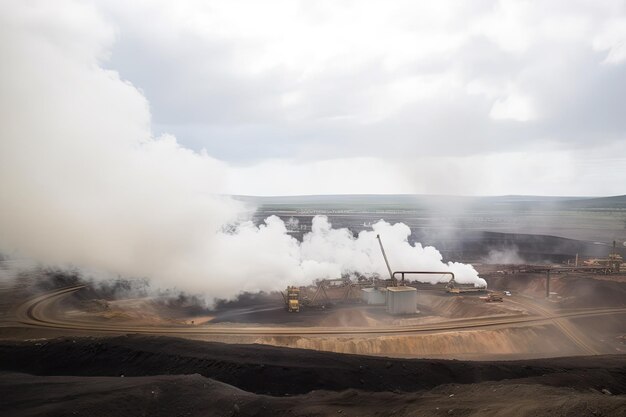 Aus einem Kohlebergwerk steigt Dampf auf, wobei der Rauch durch den durch generative KI erzeugten Wind weggetragen wird